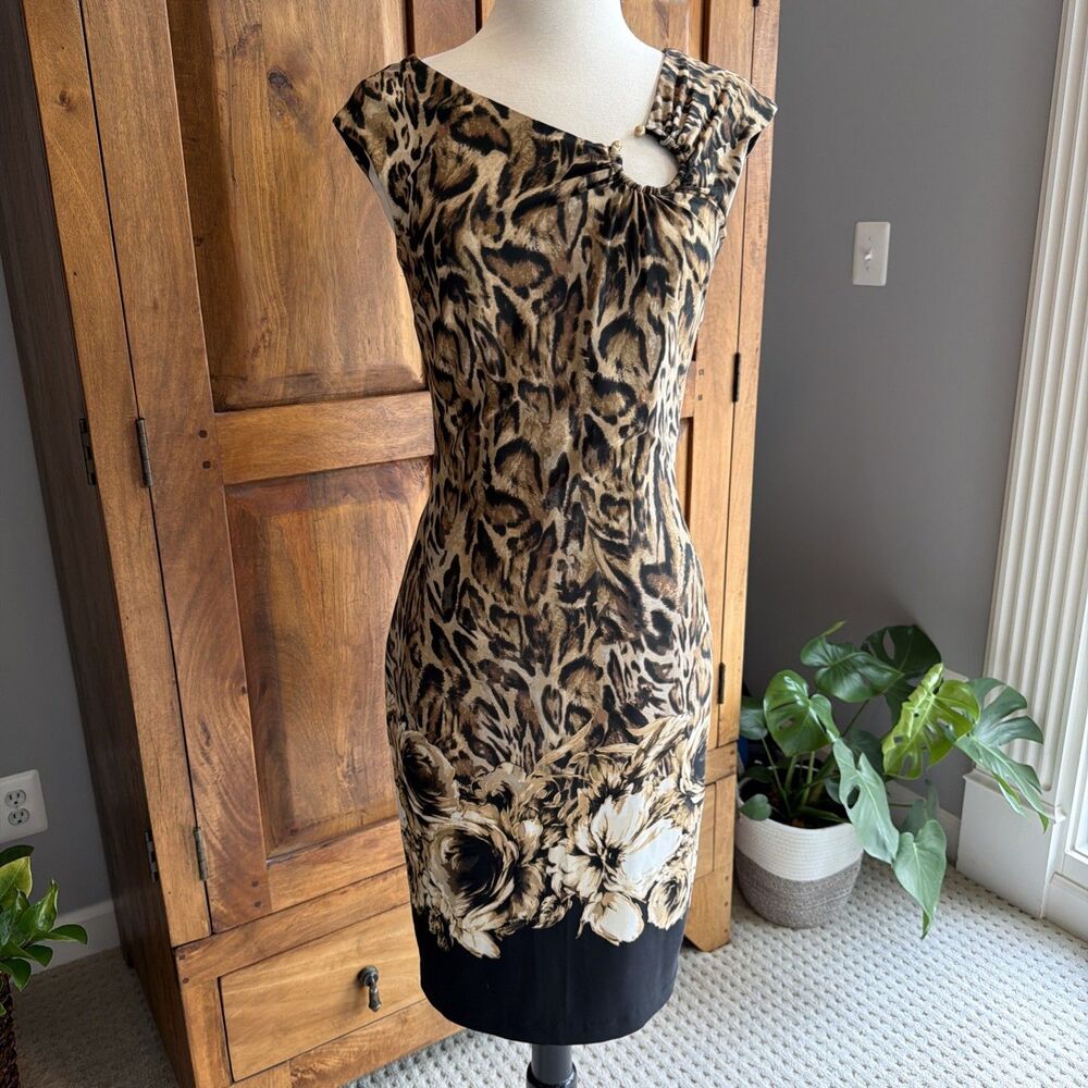 Vintage Y2K Cache Leopard Floral Bodycon Dress Keyhole Neck Size 2